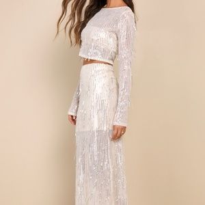 Sparkle Beige Mesh Sequin Fringe  Two-Piece Midi Dress